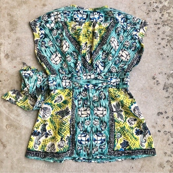 Nanette Lepore Silk Wrap Top Printed Coastal Beach Turquoise Yellow 4 - Picture 6 of 6
